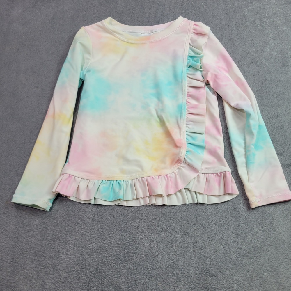 RuffleButts Girls Pastel Tie Dye Long Sleeve Ruffle Rash‎ Guard Swim Top Size 5